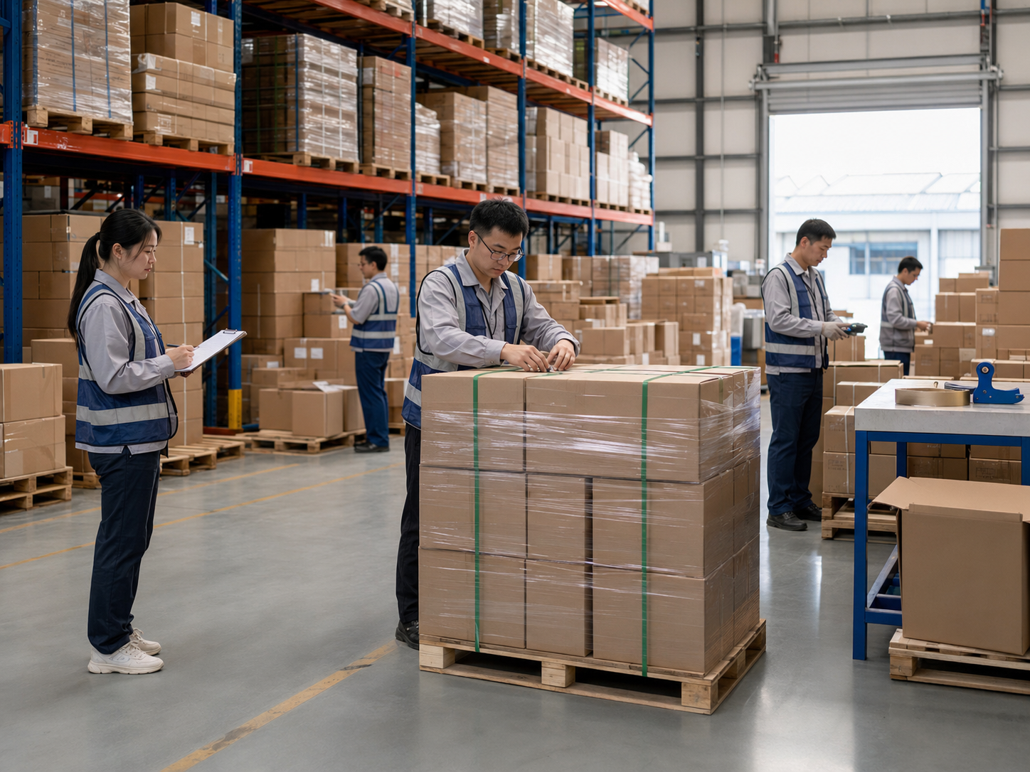 Equipo revisando y consolidando mercancía en una bodega en China